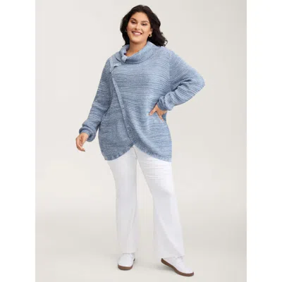Bloomchic Women's Plus Size Turtleneck Wrap Adjustable Button Pullover Aegean Long Sleeve 18-20/2x In Blue