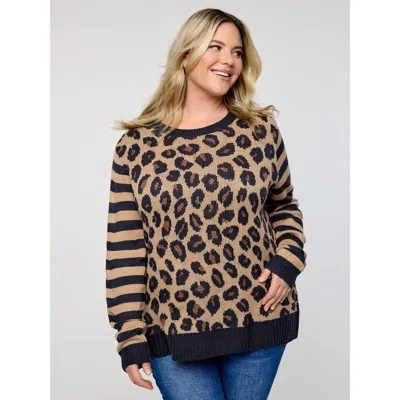 Bloomchic Women's Plus Size Leopard Pattern Jacquard Stripe Pullover Lightbrown Long Sleeve 14-16/1x In Brown