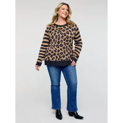 Bloomchic Women's Plus Size Leopard Pattern Jacquard Stripe Pullover Lightbrown Long Sleeve 14-16/1x In Brown