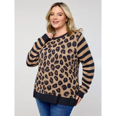 Bloomchic Women's Plus Size Leopard Pattern Jacquard Stripe Pullover Lightbrown Long Sleeve 14-16/1x In Brown