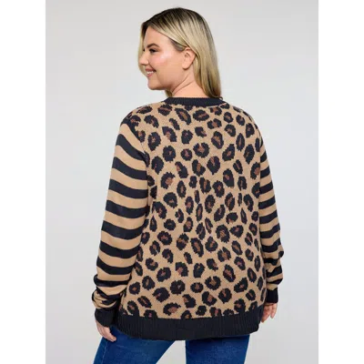 Bloomchic Women's Plus Size Leopard Pattern Jacquard Stripe Pullover Lightbrown Long Sleeve 14-16/1x In Brown