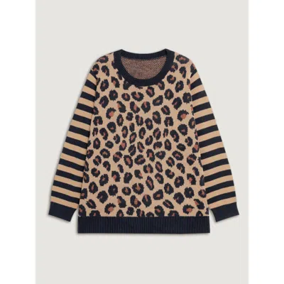 Bloomchic Women's Plus Size Leopard Pattern Jacquard Stripe Pullover Lightbrown Long Sleeve 14-16/1x In Brown