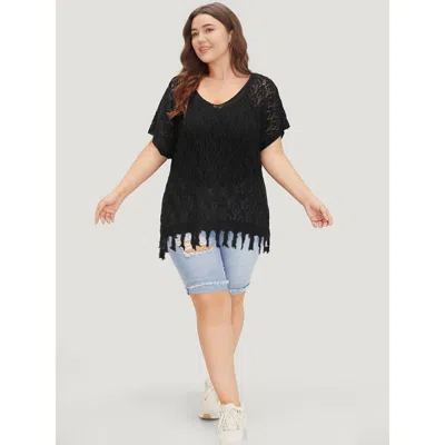 Bloomchic Women's Plus Size Plain Geometric Eyelet Patchwork Tassels Batwing Sleeve Pullover Black Plain Short In Black