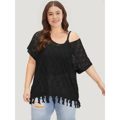 Bloomchic Women's Plus Size Plain Geometric Eyelet Patchwork Tassels Batwing Sleeve Pullover Black Plain Short In Black