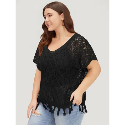 Bloomchic Women's Plus Size Plain Geometric Eyelet Patchwork Tassels Batwing Sleeve Pullover Black Plain Short In Black