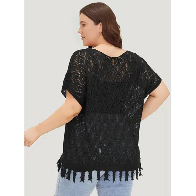 Bloomchic Women's Plus Size Plain Geometric Eyelet Patchwork Tassels Batwing Sleeve Pullover Black Plain Short In Black