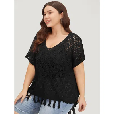 Bloomchic Women's Plus Size Plain Geometric Eyelet Patchwork Tassels Batwing Sleeve Pullover Black Plain Short In Black