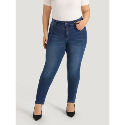 Bloomchic Women's Plus Size Solid Very Stretchy Patchwork High Rise Jeans Blue Plain Plain High Stretch 10/m In Blue