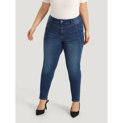 Bloomchic Women's Plus Size Solid Very Stretchy Patchwork High Rise Jeans Blue Plain Plain High Stretch 10/m In Blue