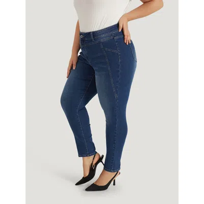 Bloomchic Women's Plus Size Solid Very Stretchy Patchwork High Rise Jeans Blue Plain Plain High Stretch 10/m In Blue