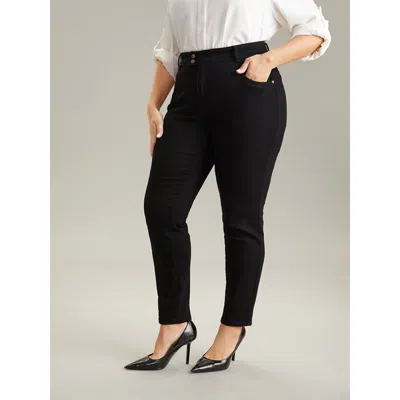 Bloomchic Women's Plus Size Plain Black Wash Button Through Jeans Black Plain Plain High Stretch 10/m In Black
