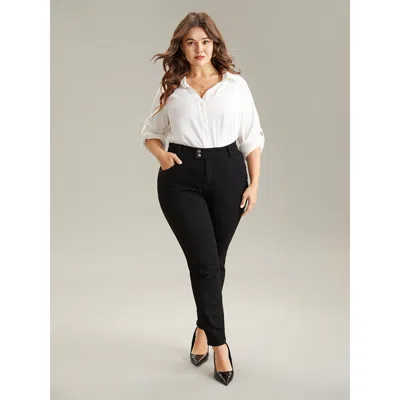 Bloomchic Women's Plus Size Plain Black Wash Button Through Jeans Black Plain Plain High Stretch 10/m In Black