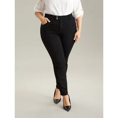 Bloomchic Women's Plus Size Plain Black Wash Button Through Jeans Black Plain Plain High Stretch 10/m In Black