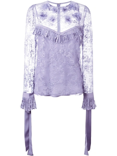 Elie Saab Floral-appliqu&eacute; Ruffled Lace Blouse, Lavender In Pink