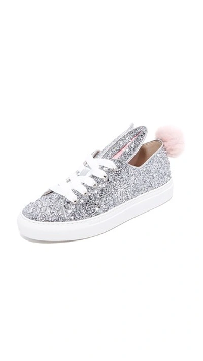 Minna Parikka Faux Fur Pom Glitter Sneakers In Silver