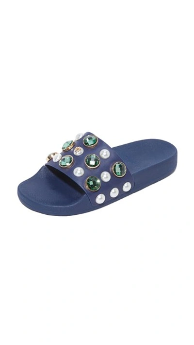 Tory Burch Vail Embellished Leather Slide Sandals In Navy Sea