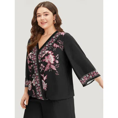 Bloomchic Boho Print Wrap Woven Top In Black