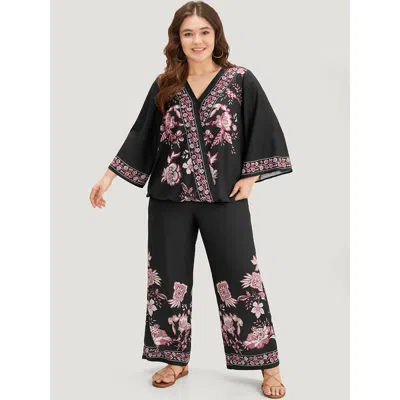 Bloomchic Boho Print Wrap Woven Top In Black