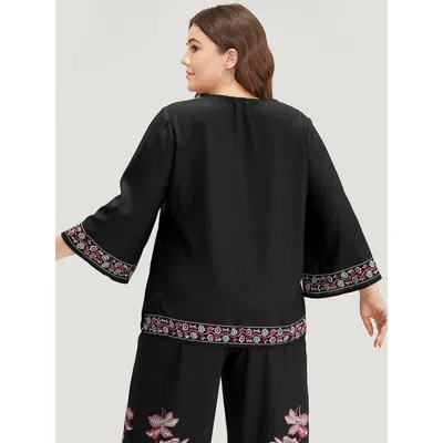 Bloomchic Boho Print Wrap Woven Top In Black