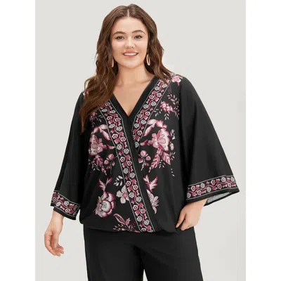 Bloomchic Boho Print Wrap Woven Top In Black