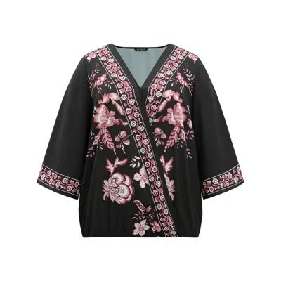 Bloomchic Boho Print Wrap Woven Top In Black