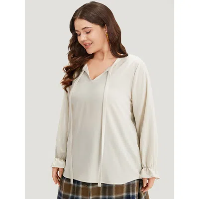 Bloomchic Plain Ties Ruffle Trim Woven Top In White
