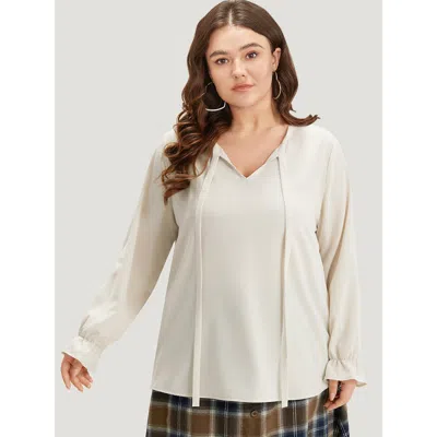 Bloomchic Plain Ties Ruffle Trim Woven Top In White