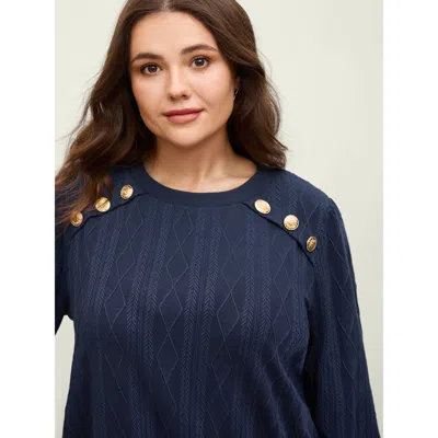 Bloomchic Women's Plus Size Shoulder Button Textured Solid Sweatshirt Navy Plain Office 22-24/3x In Blue