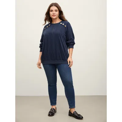 Bloomchic Women's Plus Size Shoulder Button Textured Solid Sweatshirt Navy Plain Office 22-24/3x In Blue
