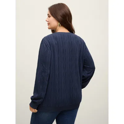 Bloomchic Women's Plus Size Shoulder Button Textured Solid Sweatshirt Navy Plain Office 22-24/3x In Blue