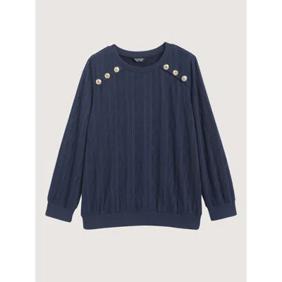 Bloomchic Women's Plus Size Shoulder Button Textured Solid Sweatshirt Navy Plain Office 22-24/3x In Blue