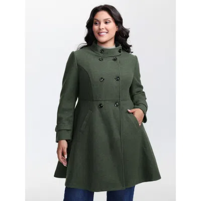 Bloomchic Women's Plus Size Double Button Pocket Solid Coat Darkgreen Button A-line 10/m In Green