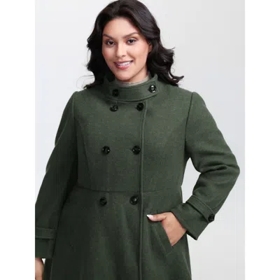 Bloomchic Women's Plus Size Double Button Pocket Solid Coat Darkgreen Button A-line 10/m In Green