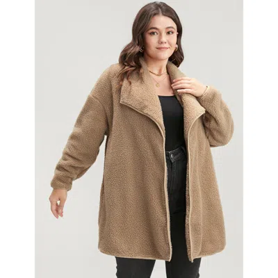 Bloomchic Women's Plus Size Solid Pocket Open Front Teddy Coat Lightbrown Plain 10/m In Brown