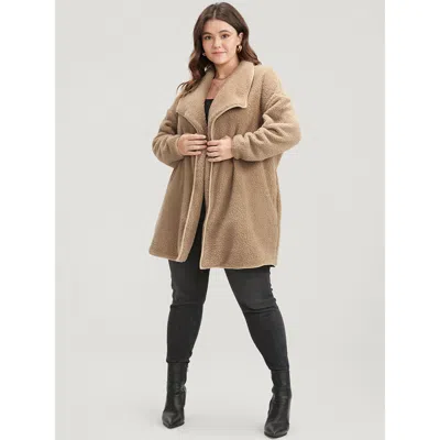 Bloomchic Women's Plus Size Solid Pocket Open Front Teddy Coat Lightbrown Plain 10/m In Brown