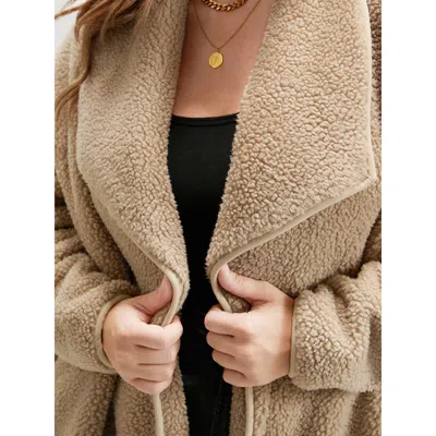 Bloomchic Women's Plus Size Solid Pocket Open Front Teddy Coat Lightbrown Plain 10/m In Brown