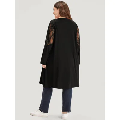 Bloomchic Women's Plus Size Supersoft Essentials Solid Crochet Lace Mesh Drape Open Front Coat Black Drape 10/ In Black