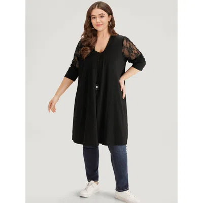 Bloomchic Women's Plus Size Supersoft Essentials Solid Crochet Lace Mesh Drape Open Front Coat Black Drape 10/ In Black