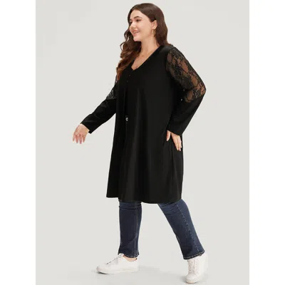Bloomchic Women's Plus Size Supersoft Essentials Solid Crochet Lace Mesh Drape Open Front Coat Black Drape 10/ In Black