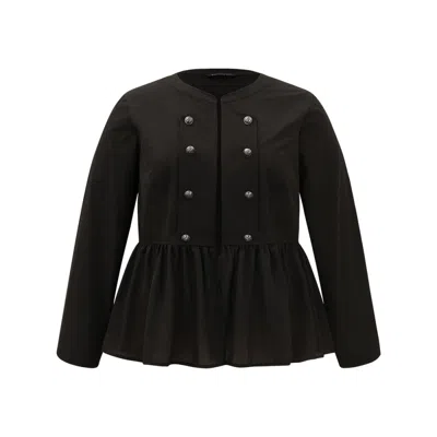 Bloomchic Women's Plus Size Solid Buckle Detail Ruffles Patchwork Jacket Black Plain 10/m In Black