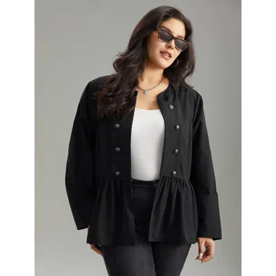 Bloomchic Women's Plus Size Solid Buckle Detail Ruffles Patchwork Jacket Black Plain 10/m In Black