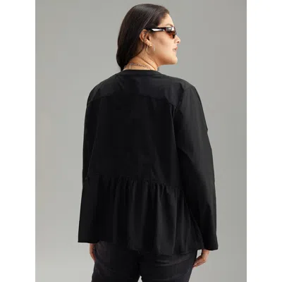 Bloomchic Women's Plus Size Solid Buckle Detail Ruffles Patchwork Jacket Black Plain 10/m In Black