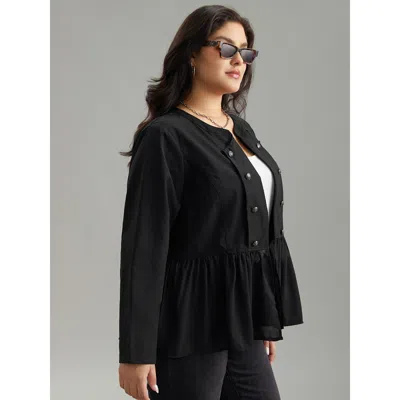 Bloomchic Women's Plus Size Solid Buckle Detail Ruffles Patchwork Jacket Black Plain 10/m In Black
