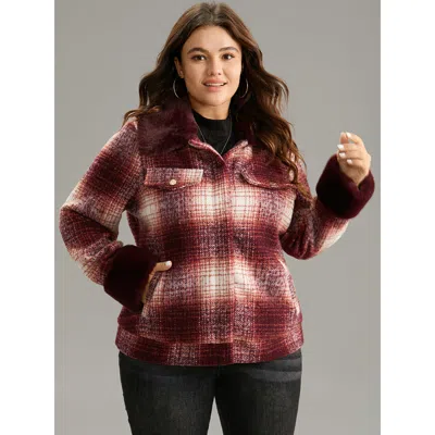 Bloomchic Women's Plus Size Plaid Patchwork Button Through Fuzzy Trim Jacket Multicolor Lined 10/m In Multi