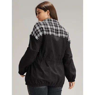 Bloomchic Women's Plus Size Plaid Patchwork Contrast Drawstring Button Up Jacket Black Elastic Cuffs 12/l In Black