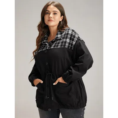 Bloomchic Women's Plus Size Plaid Patchwork Contrast Drawstring Button Up Jacket Black Elastic Cuffs 12/l In Black