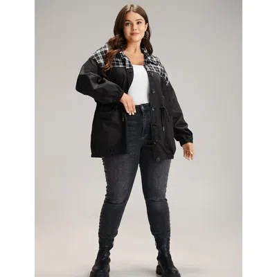 Bloomchic Women's Plus Size Plaid Patchwork Contrast Drawstring Button Up Jacket Black Elastic Cuffs 12/l In Black