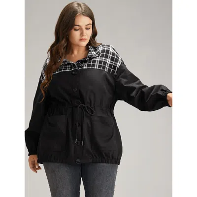 Bloomchic Women's Plus Size Plaid Patchwork Contrast Drawstring Button Up Jacket Black Elastic Cuffs 12/l In Black