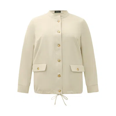 Bloomchic Women's Plus Size Solid Stand Collar Drawstring Flap Pocket Jacket Ivory Plain 10/m In White