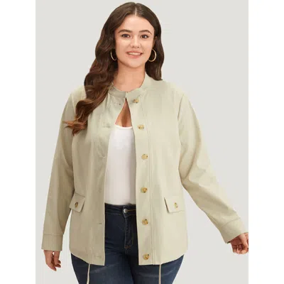 Bloomchic Women's Plus Size Solid Stand Collar Drawstring Flap Pocket Jacket Ivory Plain 10/m In White